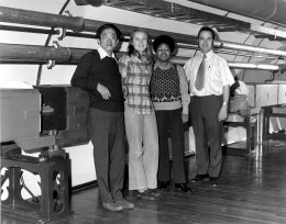 Some members of the Fermilab theory group in 1974 (from left): Ben Lee, Mary K. Gaillard, Shirley Ann Jackson and Tony Pagnamenta