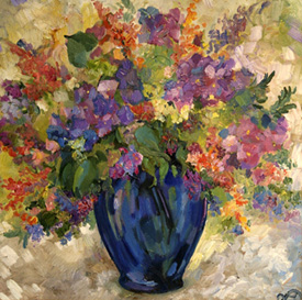 Purple Flowers in Blue Vase